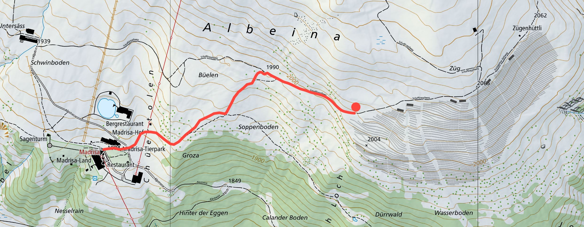 Kartenausschnitt mit rot markierter Route zur Baustelle des Projekts Madrisa Solar.